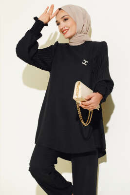 Kol Piliseli Keten İkili Takım Siyah - İKİLİ TAKIM