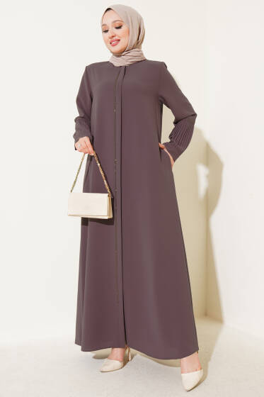 Kol Piliseli Taş Detaylı Ferace Kahve - Ferace