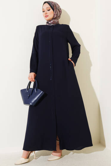 Kol Piliseli Taş Detaylı Ferace Lacivert - Ferace