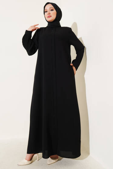 Kol Piliseli Taş Detaylı Ferace Siyah - Dış Giyim&Mont