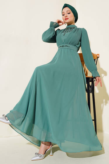 Kol Piliseli Taşlı Elbise Çağla Yeşili - Tesettür Elbise