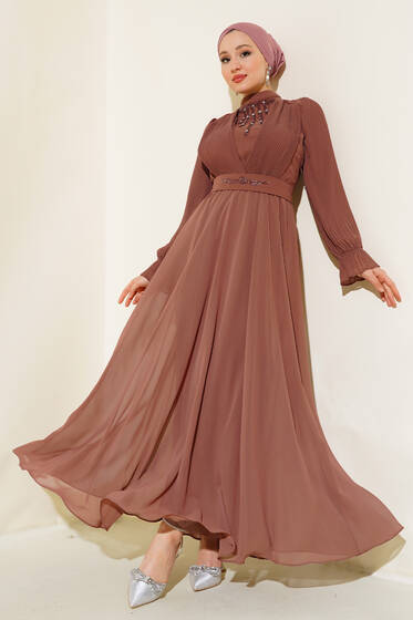 Kol Piliseli Taşlı Elbise Gül Kurusu - Tesettür Elbise