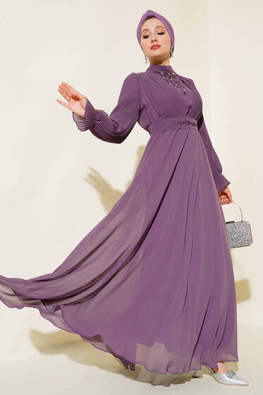 Kol Piliseli Taşlı Elbise Lila - Tesettür Elbise
