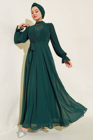 Kol Piliseli Taşlı Elbise Zümrüt Yeşili - Elbise
