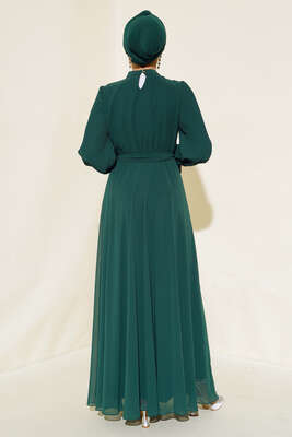 Kol Piliseli Taşlı Elbise Zümrüt Yeşili - Thumbnail