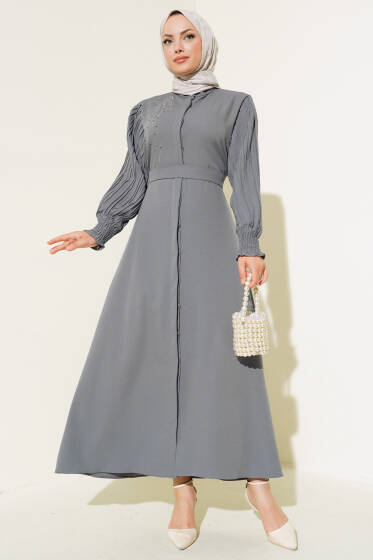 Kol Piliseli Taşlı Ferace Kayrak Grisi - Ferace