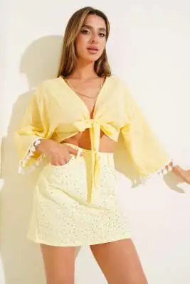 Kol Püsküllü Kimono Sarı - Kadın Giyim Modelleri