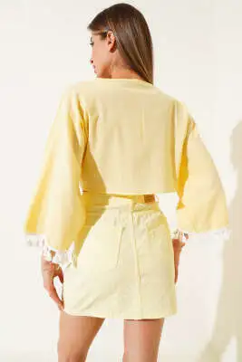 Kol Püsküllü Kimono Sarı - Kadın Giyim Modelleri