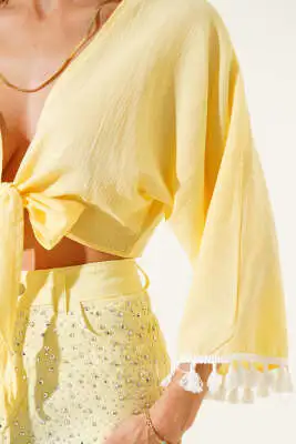 Kol Püsküllü Kimono Sarı - Kadın Giyim Modelleri