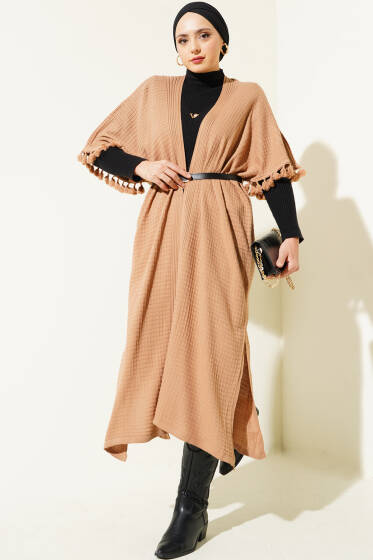 Kol Püsküllü Salaş Triko Hırka Camel - Hırka