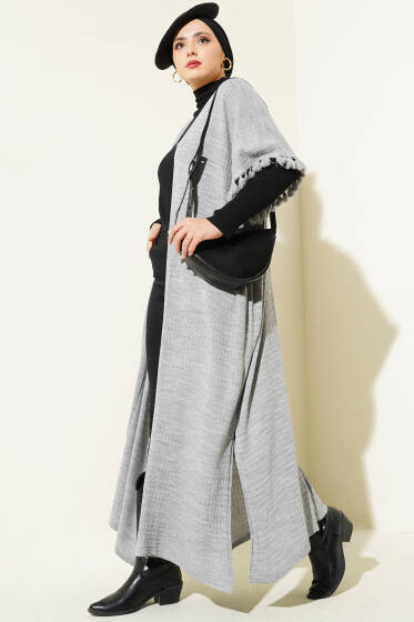 Kol Püsküllü Salaş Triko Hırka Gri - Hırka