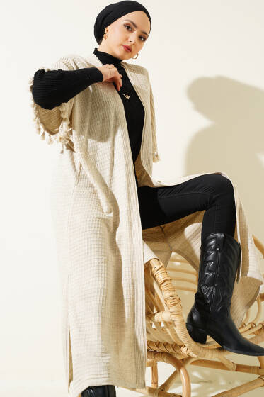 Kol Püsküllü Salaş Triko Hırka Taş - Hırka