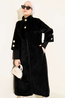 Kol Ribanalı Gold Düğmeli Goldfox Kaban Siyah - AYSEMA