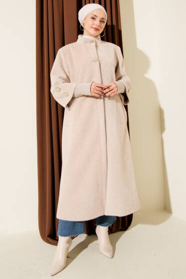 Kol Ribanalı Gold Düğmeli Kaban Bej - Kaban