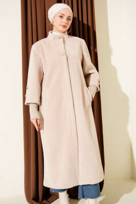 Kol Ribanalı Gold Düğmeli Kaban Bej - Kaban