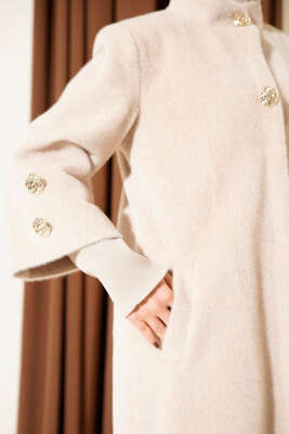 Kol Ribanalı Gold Düğmeli Kaban Bej - Kaban