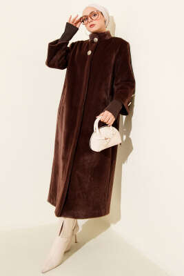 Kol Ribanalı Gold Düğmeli Kaban Kahve - MODA NORVELLA