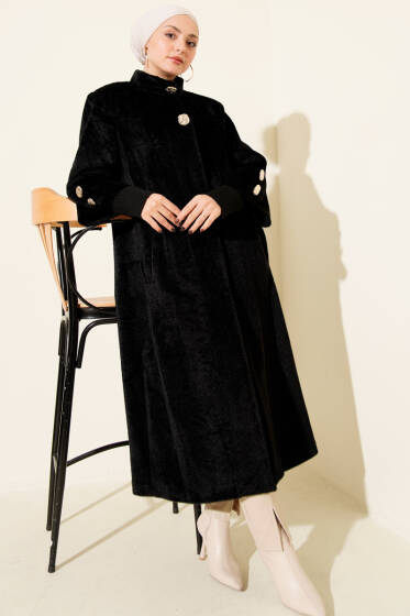 Kol Ribanalı Gold Düğmeli Kaban Siyah - Kaban