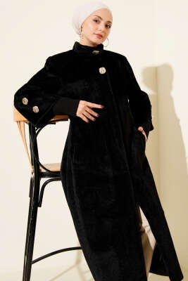 Kol Ribanalı Gold Düğmeli Kaban Siyah - Kaban