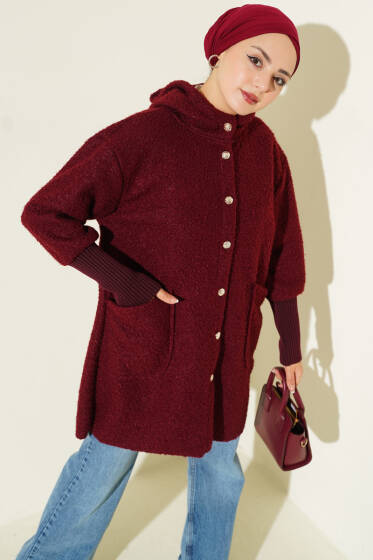Kol Ribanalı Kapüşonlu Buklet Kap Bordo - Dış Giyim&Mont