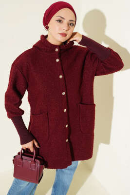 Kol Ribanalı Kapüşonlu Buklet Kap Bordo - Dış Giyim&Mont