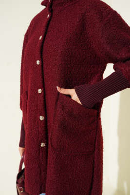 Kol Ribanalı Kapüşonlu Buklet Kap Bordo - Dış Giyim&Mont