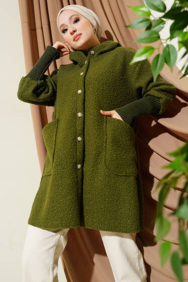 Kol Ribanalı Kapüşonlu Buklet Kap Çağla Yeşili - Dış Giyim&Mont