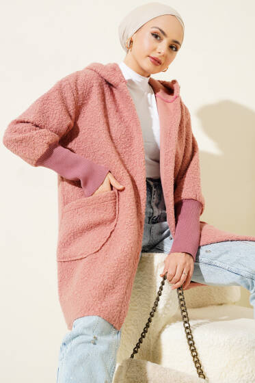 Kol Ribanalı Kapüşonlu Buklet Kap Gül Kurusu - Dış Giyim&Mont