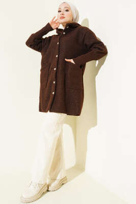 Kol Ribanalı Kapüşonlu Buklet Kap Kahve - Dış Giyim&Mont