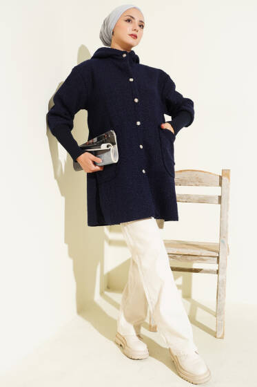 Kol Ribanalı Kapüşonlu Buklet Kap Lacivert - Dış Giyim&Mont
