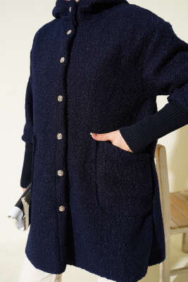 Kol Ribanalı Kapüşonlu Buklet Kap Lacivert - Dış Giyim&Mont