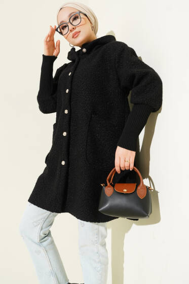 Kol Ribanalı Kapüşonlu Buklet Kap Siyah - Dış Giyim&Mont