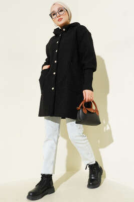 Kol Ribanalı Kapüşonlu Buklet Kap Siyah - Dış Giyim&Mont