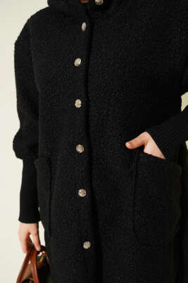 Kol Ribanalı Kapüşonlu Buklet Kap Siyah - Dış Giyim&Mont