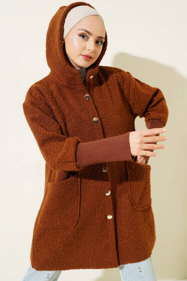 Kol Ribanalı Kapüşonlu Buklet Kap Taba - Dış Giyim&Mont