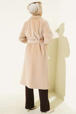 Kol Ribanalı Kuşaklı Tay Tüyü Kaban Bej - Kaban