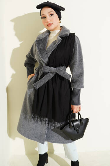 Kol Ribanalı Kuşaklı Tay Tüyü Kaban Füme - Kaban