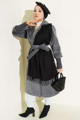 Kol Ribanalı Kuşaklı Tay Tüyü Kaban Füme - Kaban