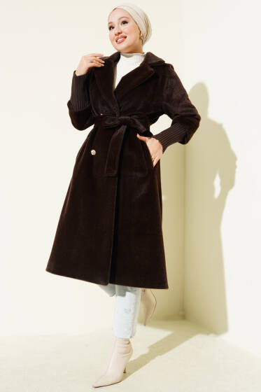 Kol Ribanalı Kuşaklı Tay Tüyü Kaban Kahve - Kaban