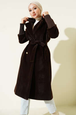 Kol Ribanalı Kuşaklı Tay Tüyü Kaban Kahve - Kaban