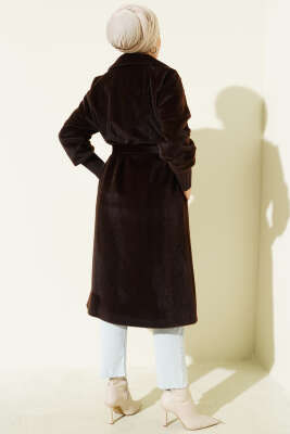 Kol Ribanalı Kuşaklı Tay Tüyü Kaban Kahve - Kaban