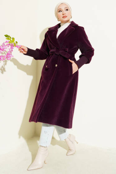 Kol Ribanalı Kuşaklı Tay Tüyü Kaban Mor - Kaban