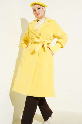 Kol Ribanalı Kuşaklı Tay Tüyü Kaban Sarı - Kaban