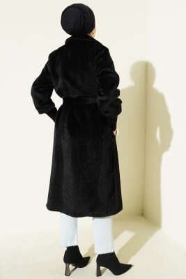 Kol Ribanalı Kuşaklı Tay Tüyü Kaban Siyah - Kaban