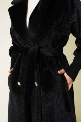 Kol Ribanalı Kuşaklı Tay Tüyü Kaban Siyah - Kaban