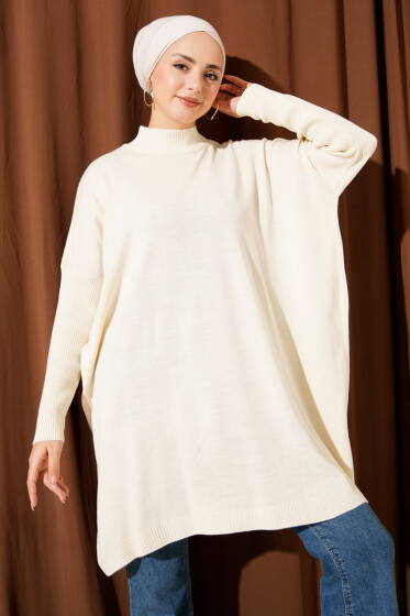 Kol Ribanalı Oversize Triko Tunik Bej - Tunik