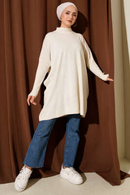 Kol Ribanalı Oversize Triko Tunik Bej - Tunik