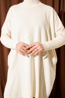 Kol Ribanalı Oversize Triko Tunik Bej - Tunik