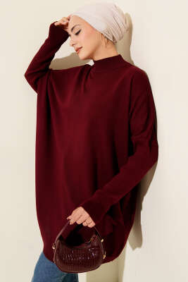 Kol Ribanalı Oversize Triko Tunik Bordo - NESSİA