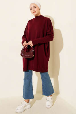 Kol Ribanalı Oversize Triko Tunik Bordo - Tunik